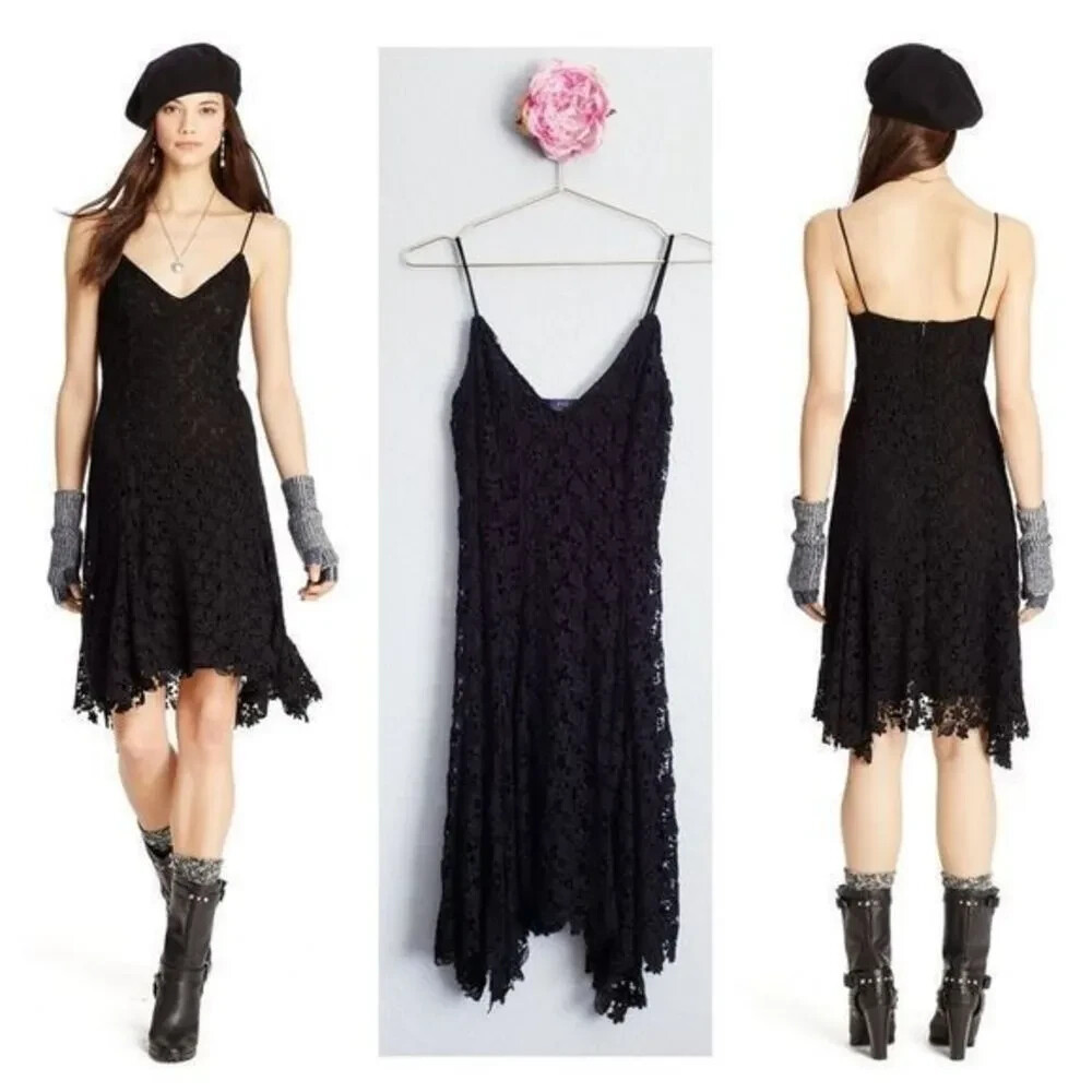 $398 NWT - POLO RALPH LAUREN Womens CROCHET Black ASYMMETRICAL HEM DRESS - S