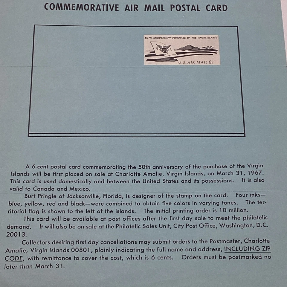 1967 6¢ Virgin Islands Commemorative Air Mail Postal Card FDC Advertising - Image 3 of 4
