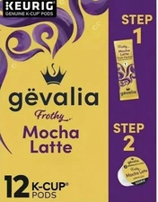 Last Box GEVALIA Mocha Latte Espresso K-Cup Coffee Pods + Froth Packets 12 Ct