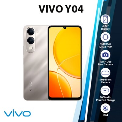VIVO Y04 Android Mobile Phone (New/GOLD/4GB+128GB/Dual SIM/Octa  Core/Unlocked) UK