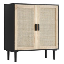 31.5in Magnetic Door Rattan Cabinet with Adjustable Shelves, Black
