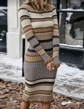 Striped Patern Brown Dress Fall Winter
