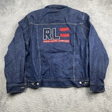 Vintage Polo Jeans Ralph Lauren Jacket Mens Large Blue Denim Jean American Flag