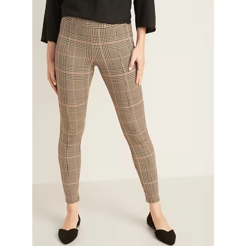 OLD NAVY High-Waisted Stevie Ponte-Knit Pant Skinny Houndstooth Plaid Tan Size M