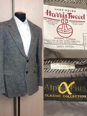 Men Harris Tweed Blazer Grey Wool L