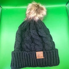 C.C. Exclusives Beanie Black Cable Knit Faux Fur Pom Pom Fall Winter Hat NWOT