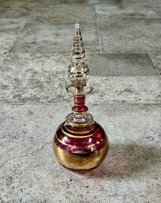 Vintage Ruby Red Egyptian Perfume Bottle   Handblown Glass with Gold Detail