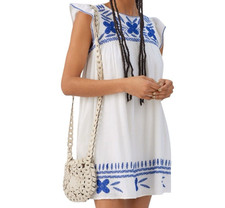 Urban Outfitters Women’s White / Blue Corsica Embroidered Mini Dress Size Large