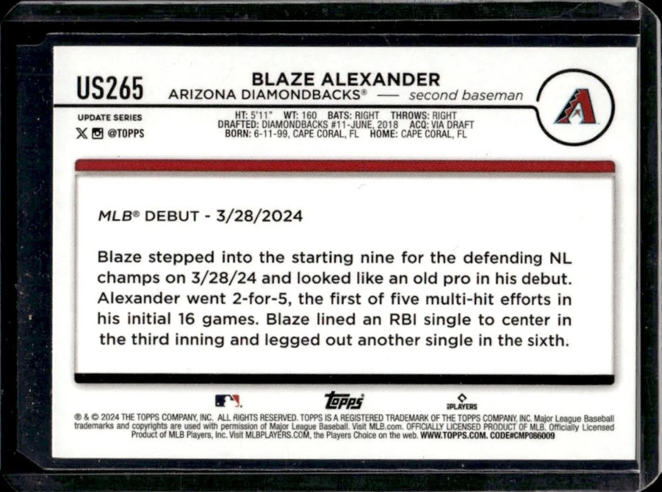 2024 Topps Update Blaze Alexander RC Yellow Rookie #US265 Diamondbacks - Image 2 of 2