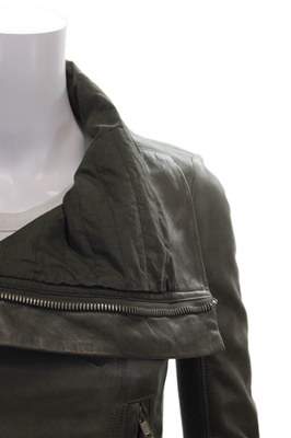 Rick Owens Women Leather Biker Jacket Green Zip Long Sleeve Size