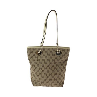 GUCCI 120840 Tote Bag Shoulder Bag Brown Ivory GoldHardware GG canvas GG
