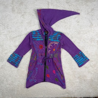 Folk Art Bohemian Purple Pixie Hood Zip Up Jacket Cotton Size 6 Made in India