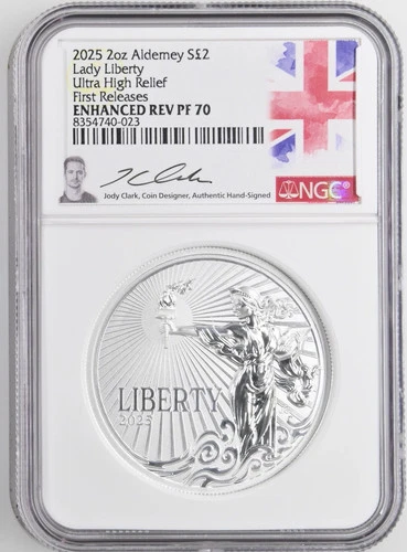 2 Oz Silver Coin 2025 Alderney $2 Lady Liberty NGC PF 70 First Releases Signed