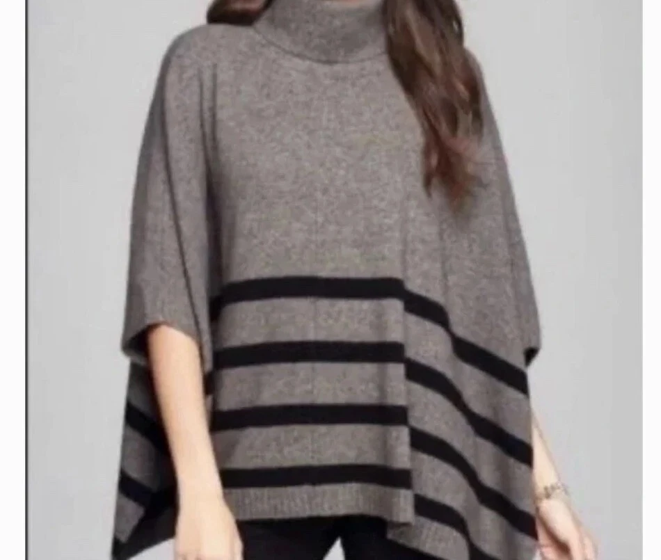 Tahari Lagenlook Oversized Boxy Wool & Yak Cowl Neck Striped Poncho Size M