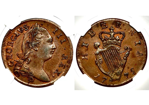 1775 King George III Great Britain Ireland Halfpenny Half Penny 1/2P NGC AU58 BN