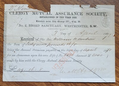 1871 Clergy Mutual Assurance Society Lebensversicherungsbeleg für Rev.  Andrew