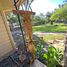 LONG Vintage Macrame Large Owl Wall Hanging Brown Jute Branch 1970s Boho
