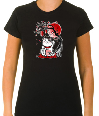  Maneki Neko kurzärmeliges T-Shirt japanische Lucky Cat chinesisch 3/4 Damen G076