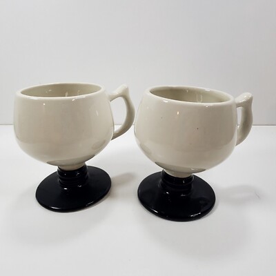 Vtg Set of 2 HALL Pottery White and Black Footed Glazed Coffee Tea Mugs USA READ