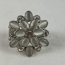 Elastic Flower Ring Gray Glass And Crystals Silver Tone Sz 8 Adjustable Stretchy