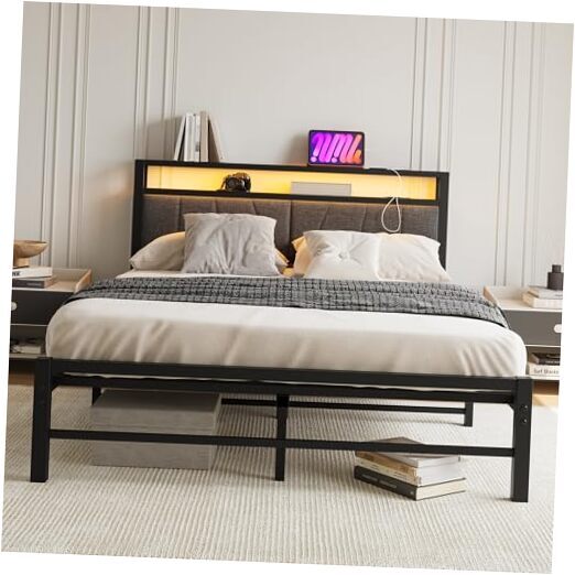 Queen Size Bed Frame with Headboard Storage,Metal Upholstered Platform Bed