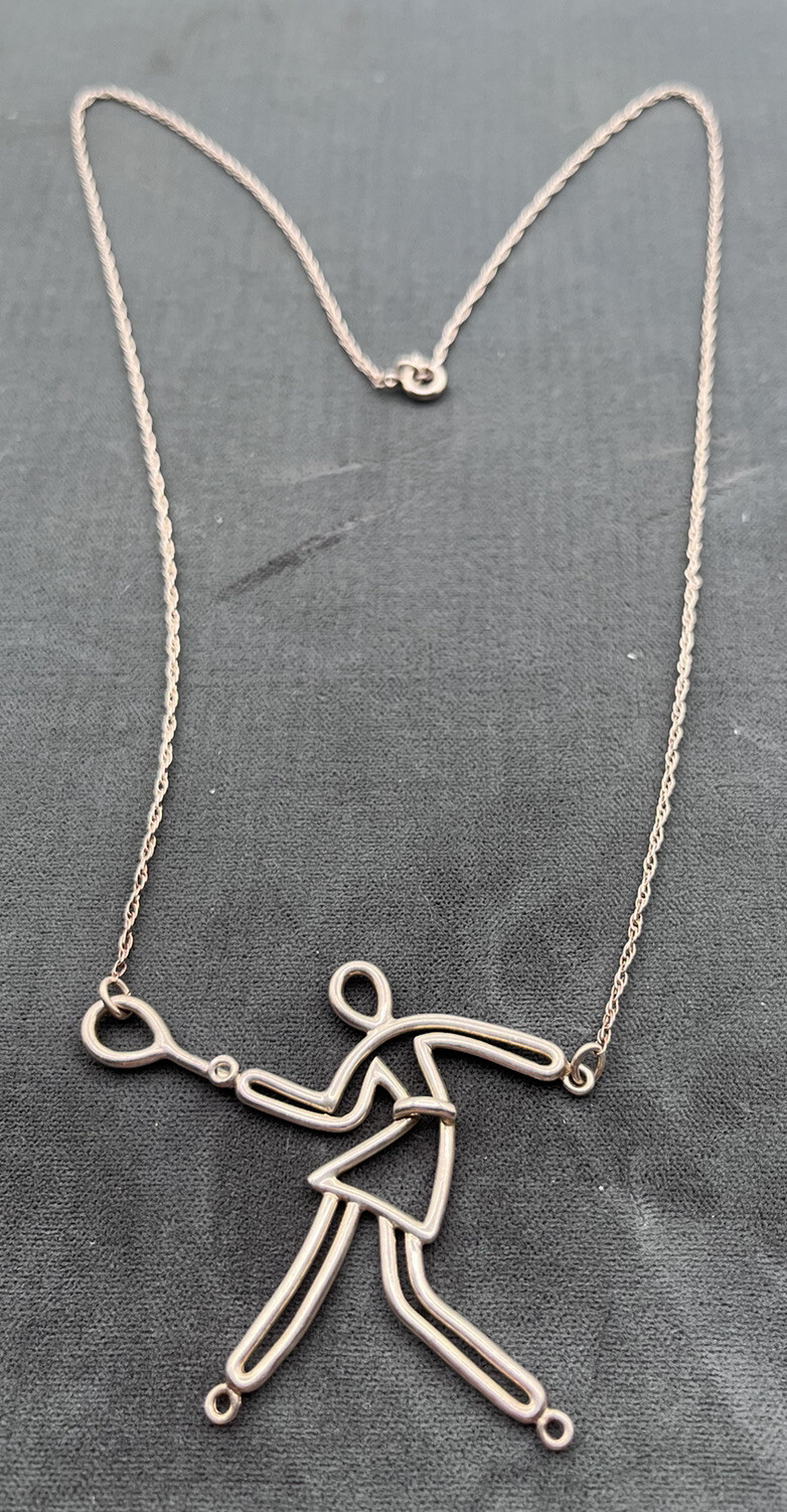 Silver Tennis Player Pendant Necklace - Minimalist Stick Figure Design