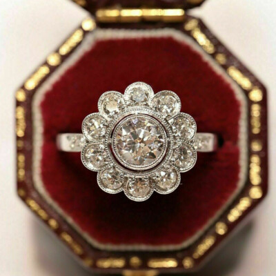 2,10 Kt Rund Diamant Blumenmuster Art déco Verlobungsring Weißgold-Finish Gr 58