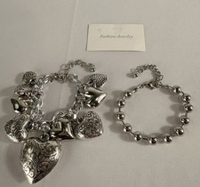 Silver Tone Adjustable Heart Dangle Charm Beaded Chain Bracelet Set