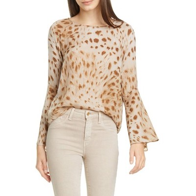 L Agence Dylan Beige Ocelot Animal Print Silk Long Bell Sleeve Blouse Size XS