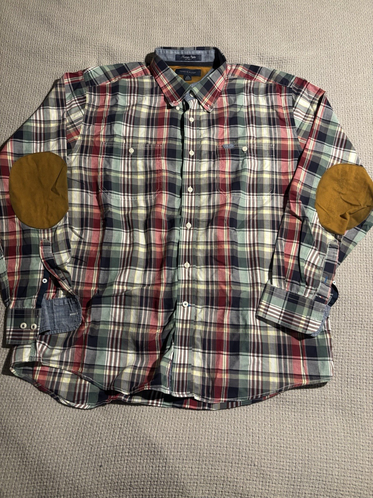 TOMMY HILFIGER HERITAGE POPLIN Men’s Plaid Elbow Patches Long Sleeve Shirt XL