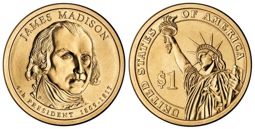 2007 P&D James Madison Presidential $1 Golden Dollar Coin – Circulated/Shiny