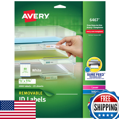 Avery Removable ID Labels, Sure Feed, 0.5'' x 1.75'', 2000 Labels (6467)