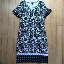 Talbots Floral Border Print Midi Dress Size S Black & White Short Sleeve Artsy