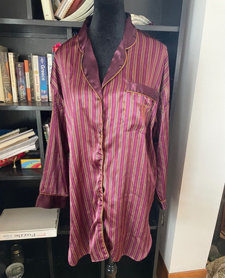 Vintage Victoria Secret Satin Long Sleeve Dress M Striped Burgundy Preppy Silky