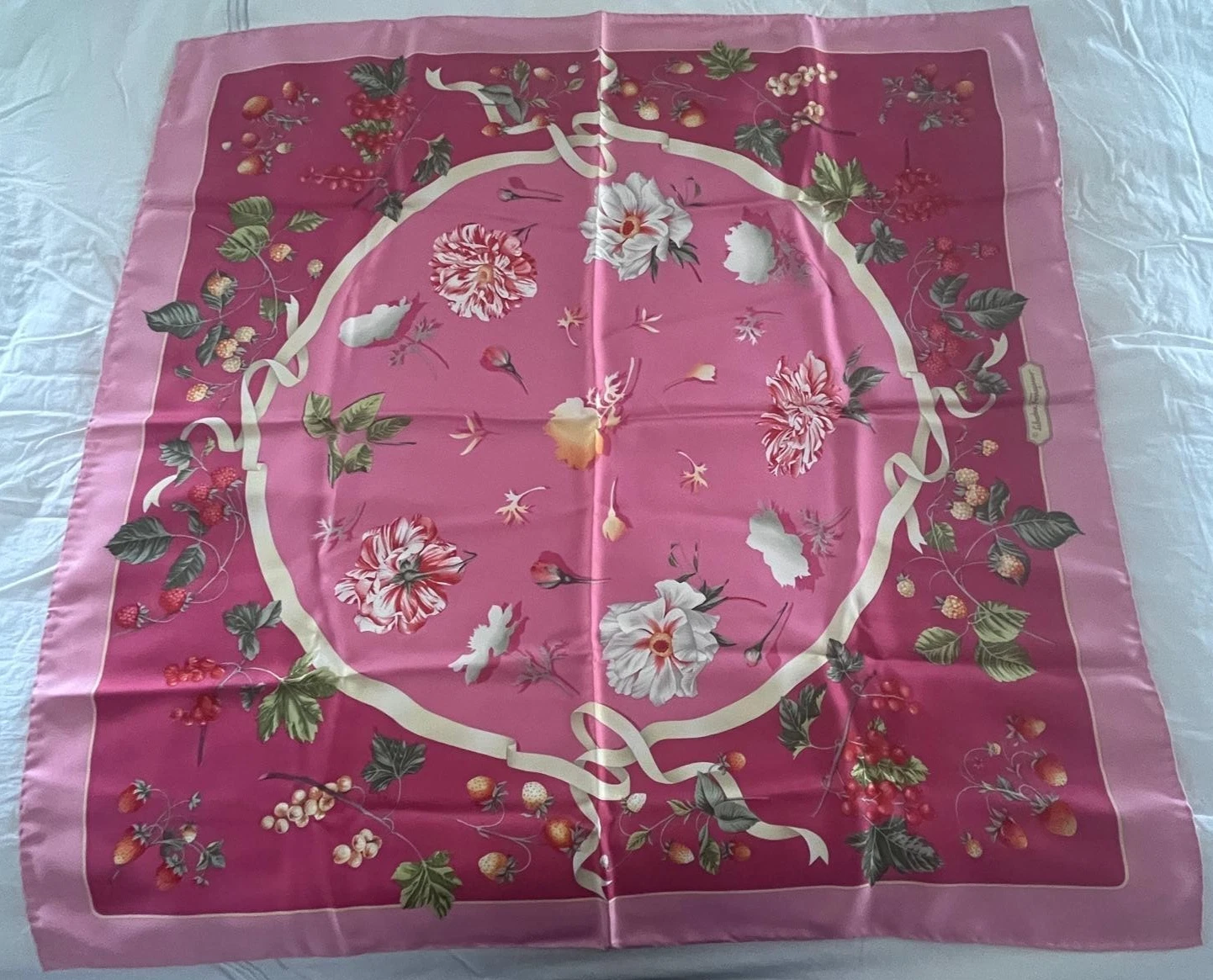 Salvatore Ferragamo Womens Silk Scarf Pink Flowers Fruit