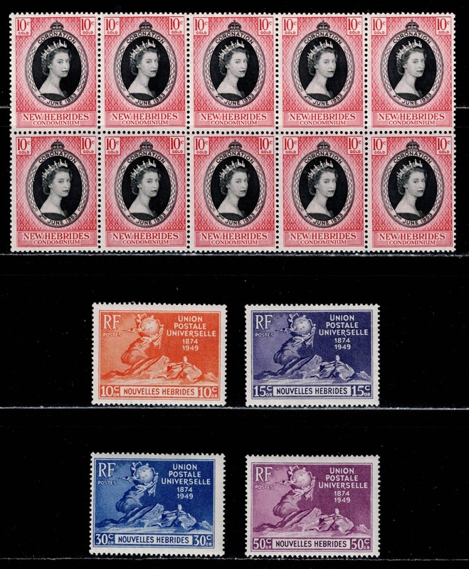 New Hebrides, Nice MNH Lot With Coronation Block of 10 & UPU Singles