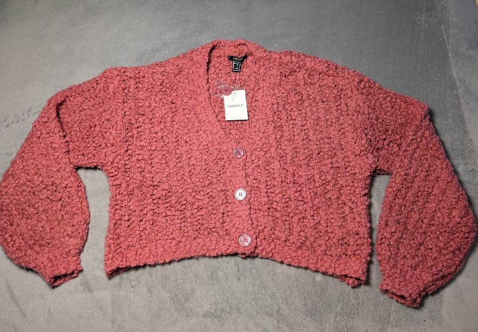 NEW Forever 21 Women’s Chunky Knit Cropped Sweater Cardigan Size Small Pink