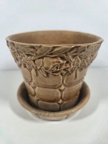 Vintage McCoy Pottery Planter Ivy Leaf Pattern Brown Glaze w Saucer 4 inch