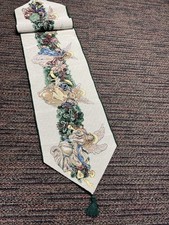 Tapestry Table Runner Christmas Angel Wreath 13X72 Green Tassels USA Made