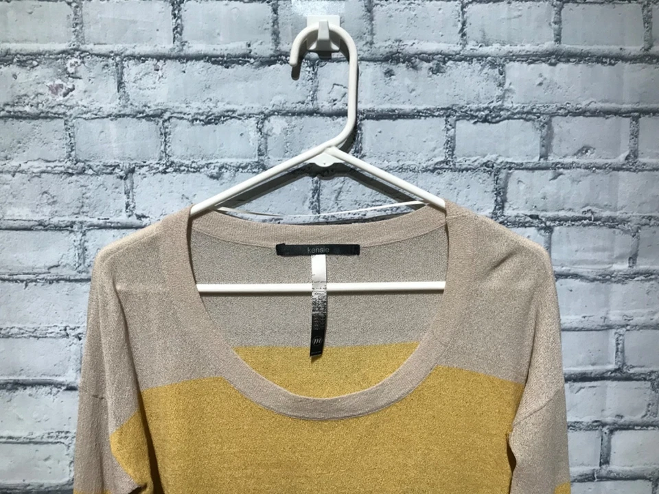 Suéter Pullover Kensie, M, Amarillo/Marrón/Negro Rayas Manga Larga Tejido Fino Foto 3 de 4