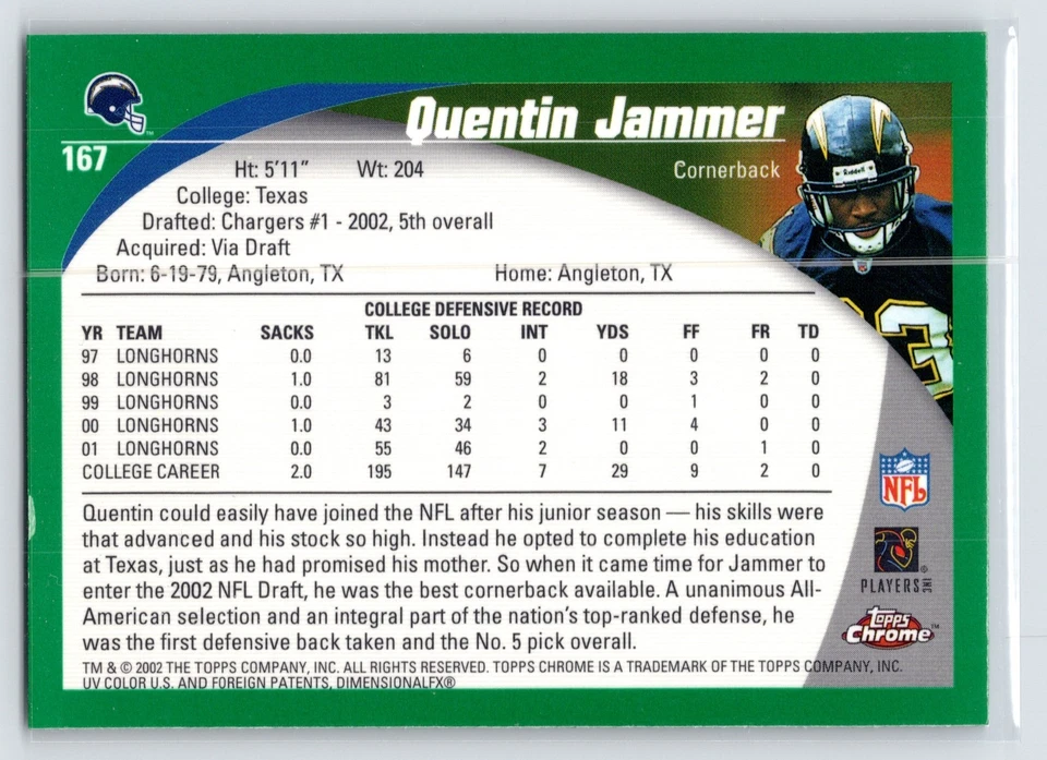 2002 Topps Chrome Rookie Refractor Quentin Jammer #167 - Image 2 of 2