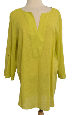 Chaus New York Womens XL Linen Chartruese Split V-Neck Roll Tab Sleeve Blouse