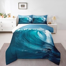 Sea Wave Bedding Set Queen Size Blue Ocean Comforter Set for Kids Boys Girls ...