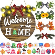 Interchangeable Welcome Home Sign, Front Door Decor With 4 Seasonal Wreaths a...