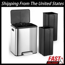 Dual Compartment Trash Can with Lid, 2x4 Gallons 30L Stainless Steel Waste Bin
