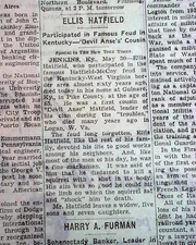 ELLIS HAFIELD Devil Anse's Cousin DEATH Hatfields McCoys FEUD 1943 old Newspaper