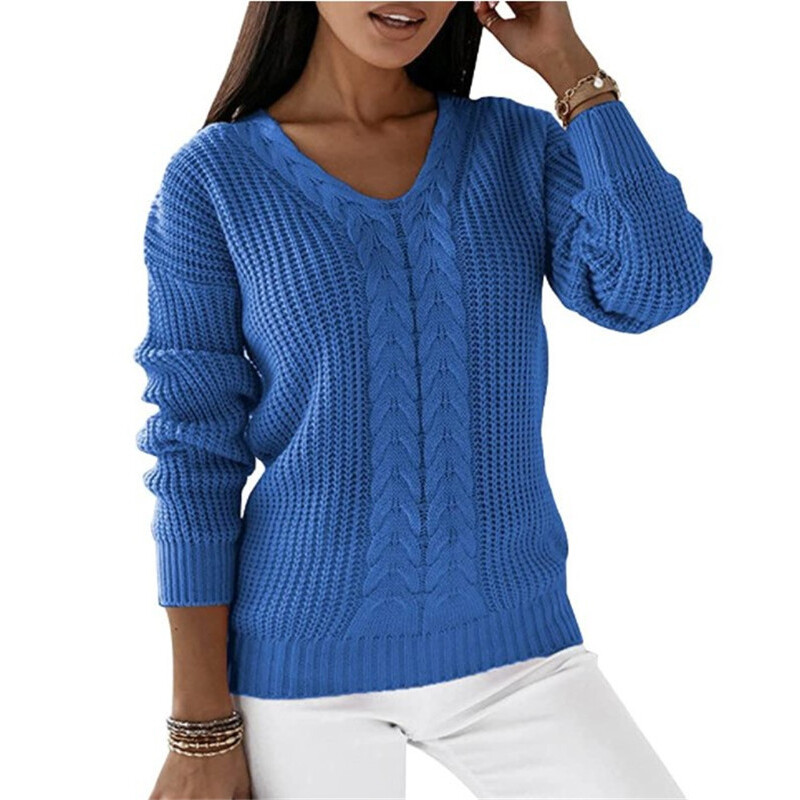 Womens V Neck Cable Knitted Sweater Ladies Knit Solid Loose Pullover