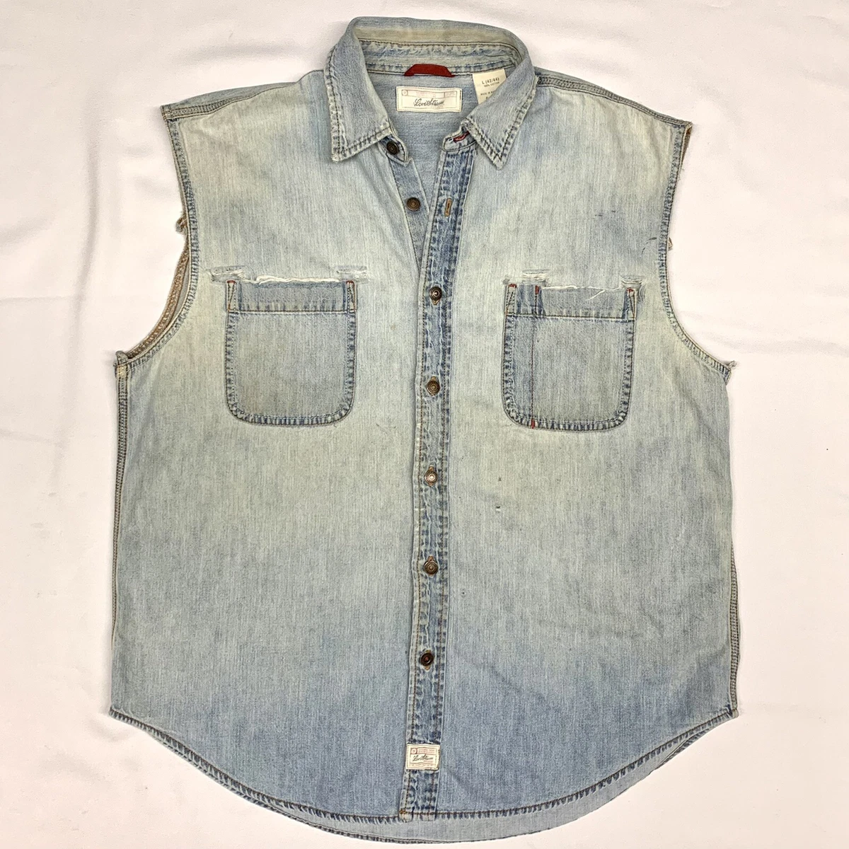 Levi Strauss Signature Denim Shirt Ragged Sleeveless Biker Muscle Mens LARGE