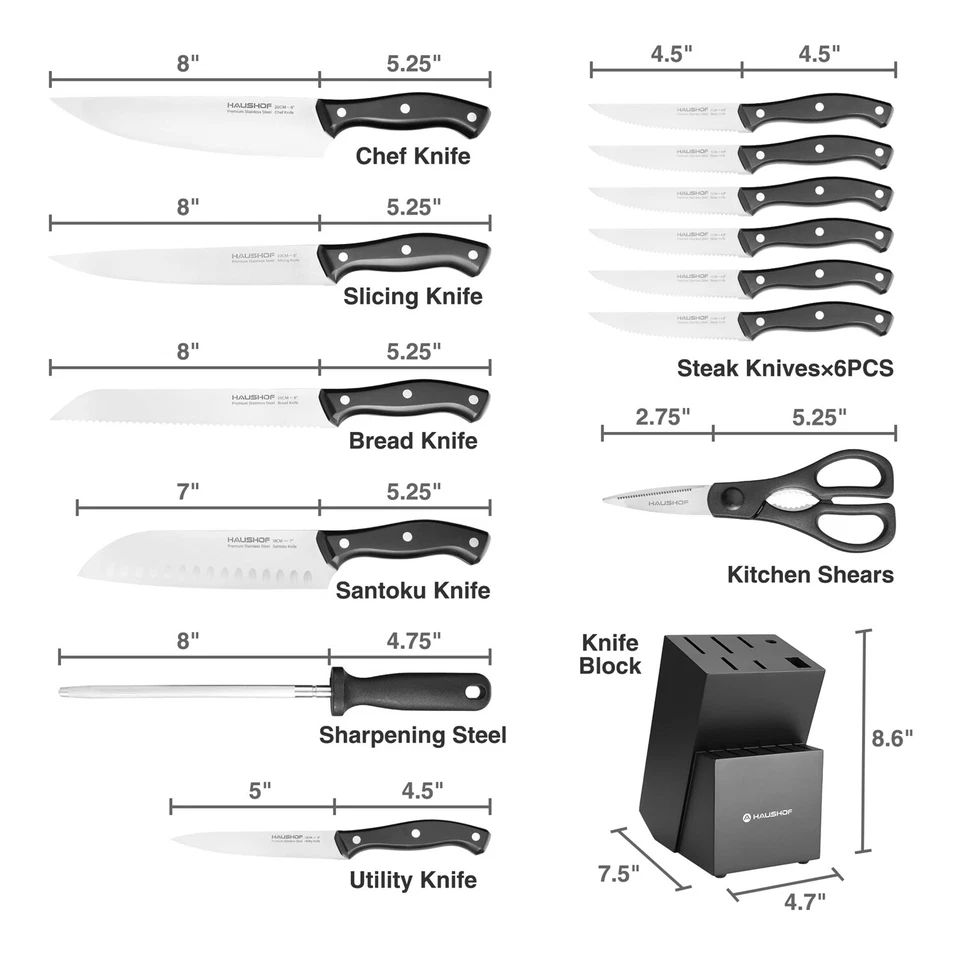 HAUSHOF 14 PCS Kitchen Knife Set With Block Wooden Razor-Sharp Stainless Steel - Image 3 of 4