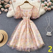 Women A-line Chiffon Floral Short Dresses Square Neck Puff Sleeve High Waist